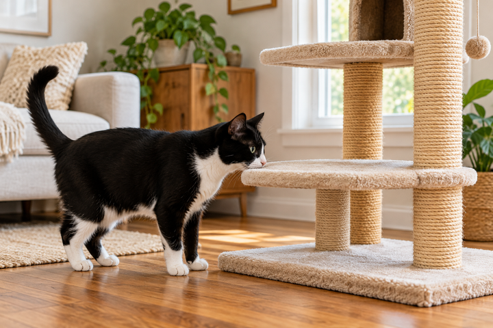 Black-and-white cat calmly sniffing the lower platform of a stable cat tree