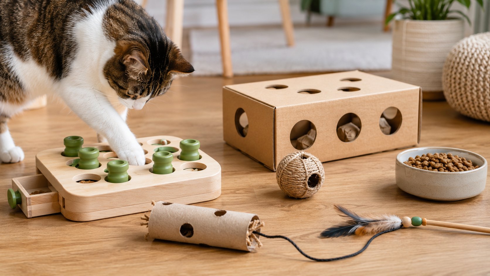 Indoor cat interacting with a puzzle toy