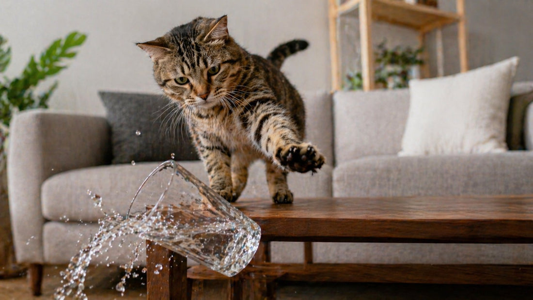 cat knocking a glass of water over