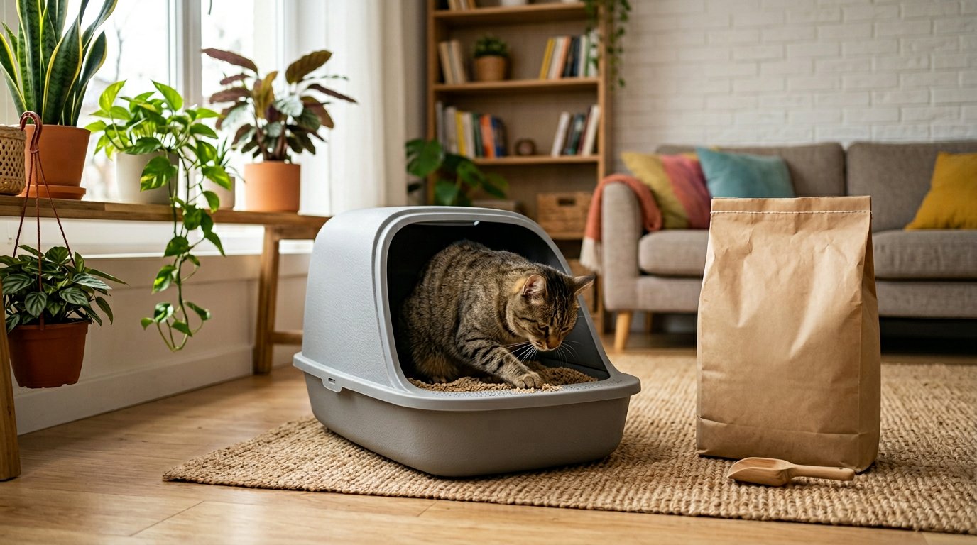 photo of cat using clean litter box with plant-based litter in cozy modern apartment, eco-friendly packaging nearby