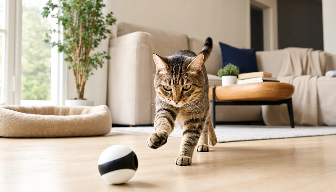 indoor cat playing with smart interactive toy in modern apartment while owner is away