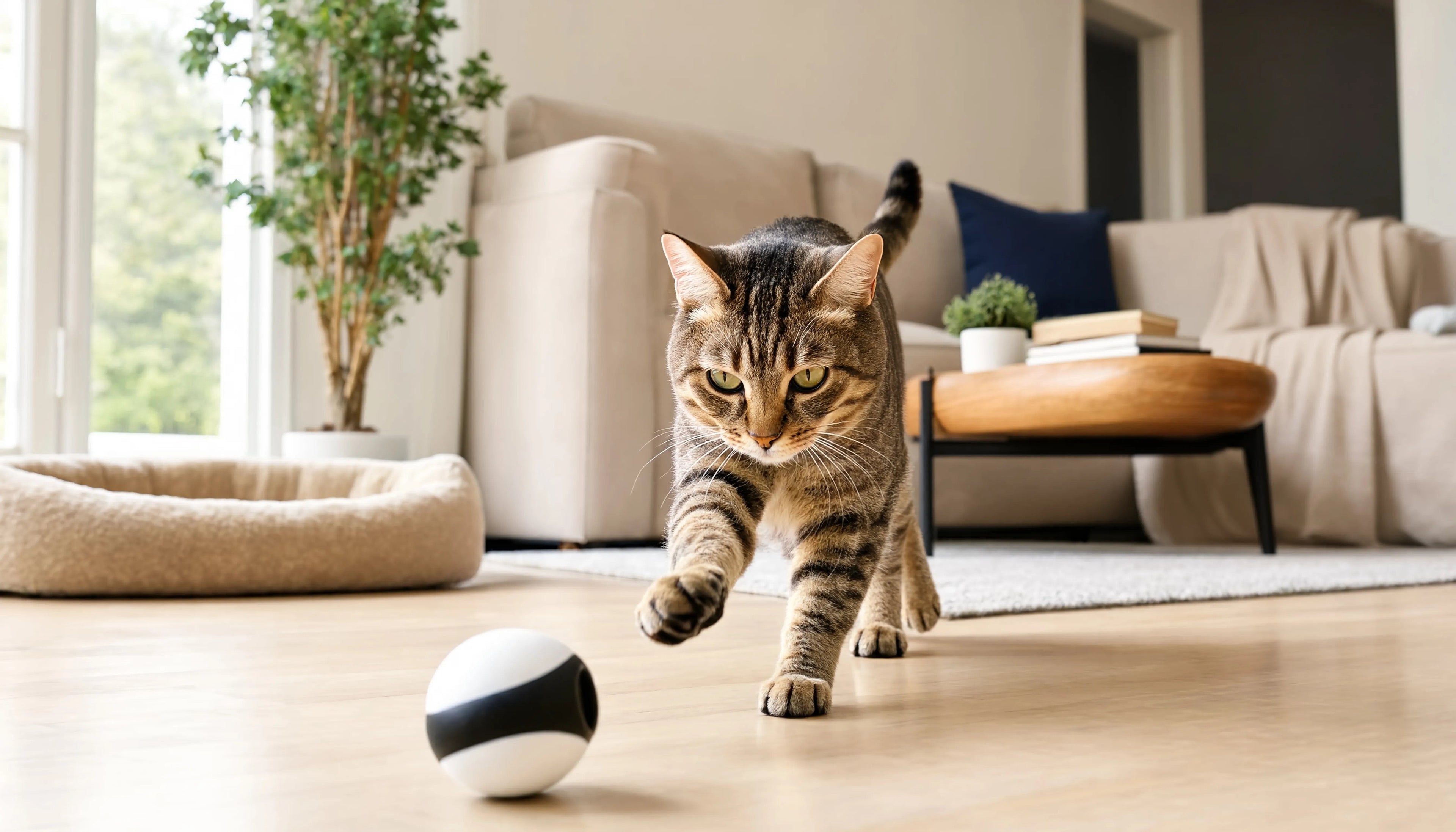 indoor cat playing with smart interactive toy in modern apartment while owner is away