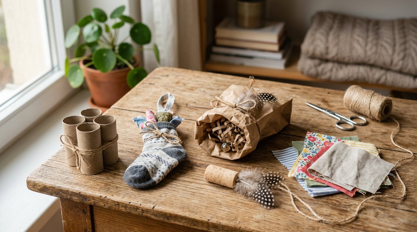 handmade eco-friendly cat toys arranged neatly on a wooden table, including cardboard rolls, a small sock kicker toy