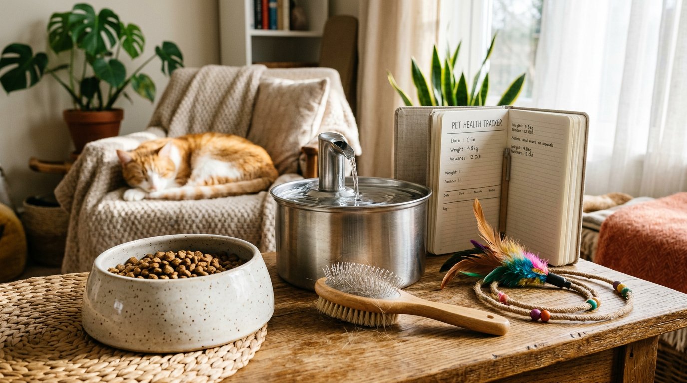 thoughtful cat care items arranged naturally in a bright home