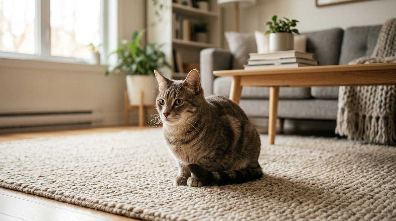 a quiet indoor cat sitting low on a soft rug