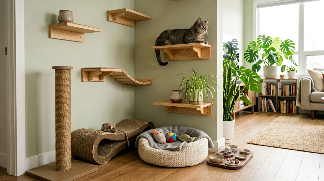 a beautifully designed indoor cat enrichment corner, wall-mounted cat shelves, sturdy scratching post, cardboard scratcher