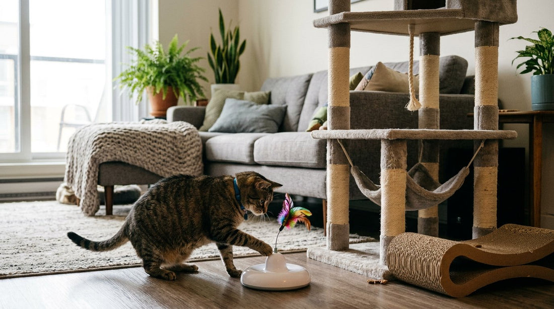 Indoor cat with activity toys supporting a vet-guided weight loss plan