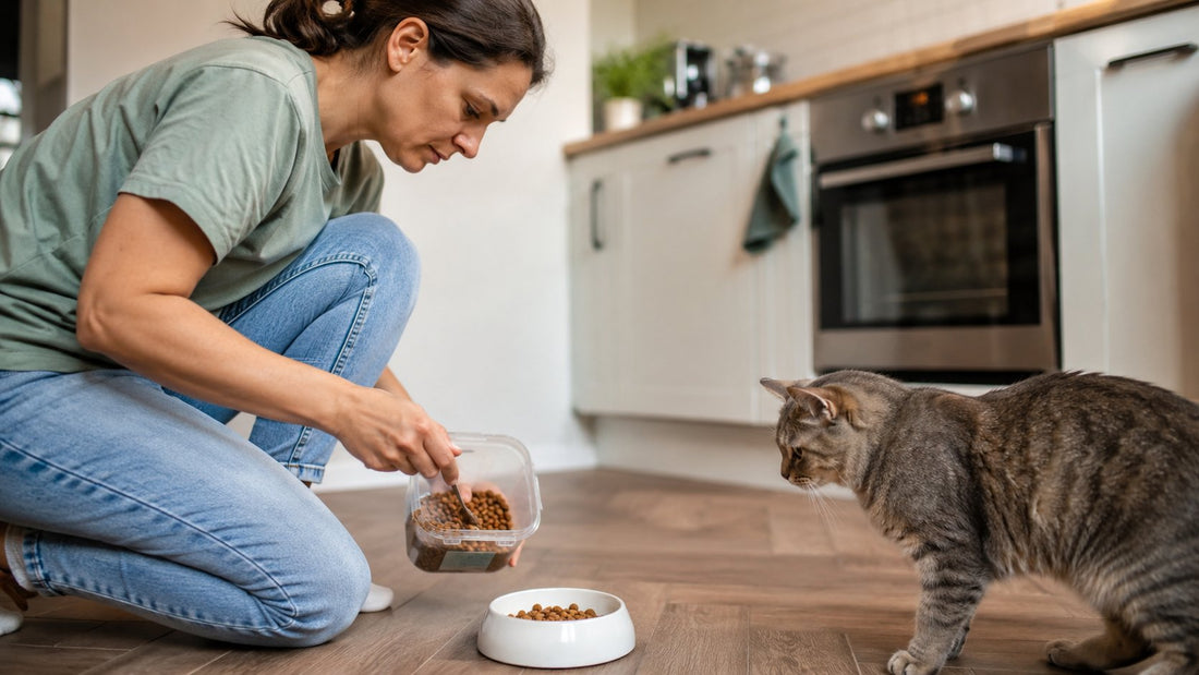 cat owner carefully mixing old and new cat food in bowl, curious indoor cat watching nearby