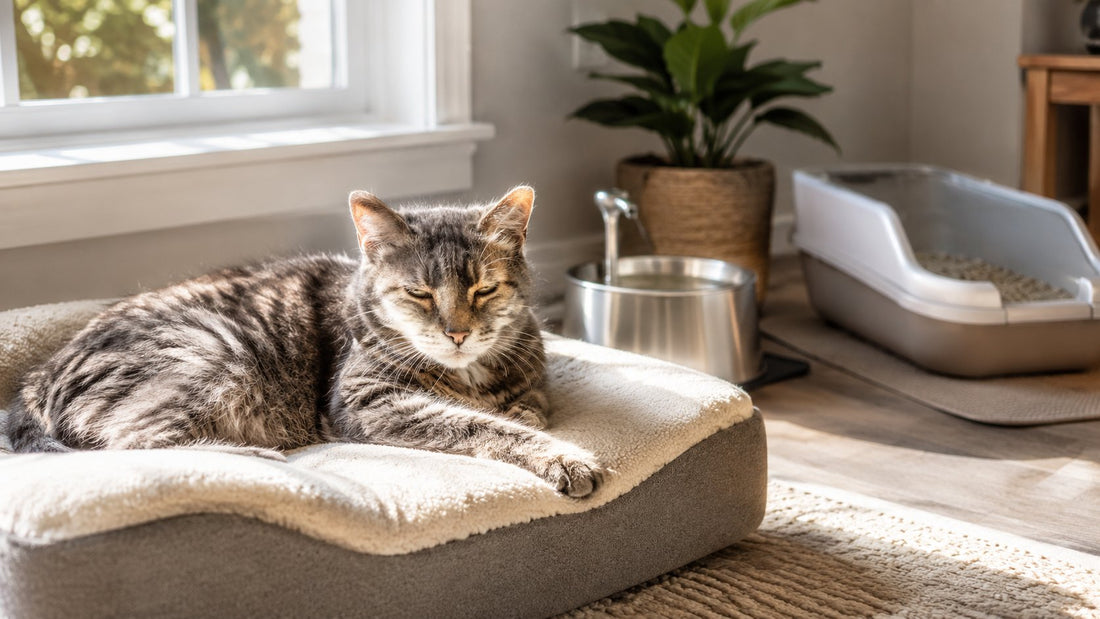 an elderly cat resting peacefully on a soft orthopedic bed near a sunny window