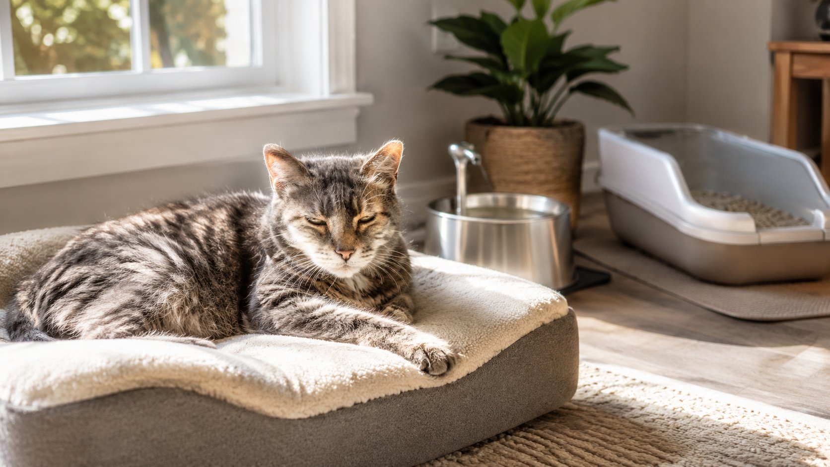 an elderly cat resting peacefully on a soft orthopedic bed near a sunny window