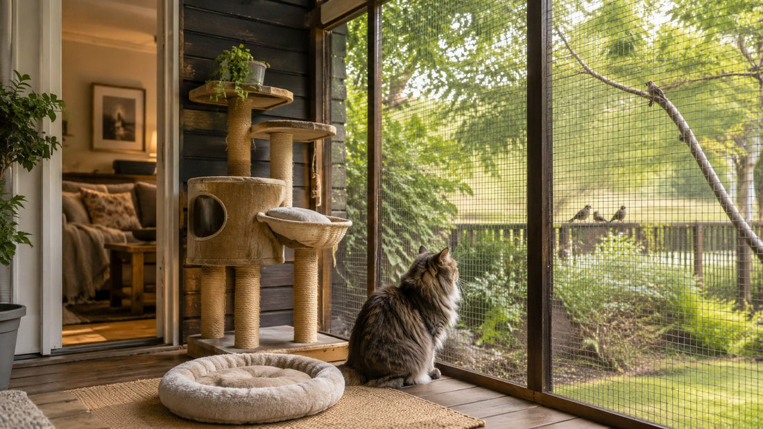 a secure catio or screened porch connected to a cozy home interior, a relaxed cat watching birds safely from inside