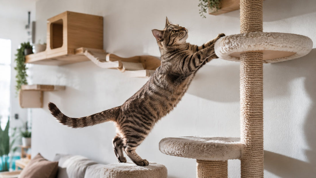 Happy cat climbing cat tree and wall shelves in bright modern apartment, playful movement