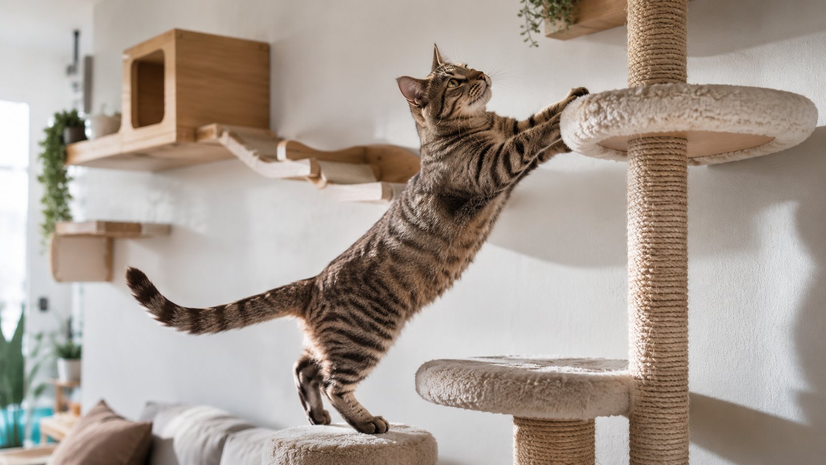 Happy cat climbing cat tree and wall shelves in bright modern apartment, playful movement