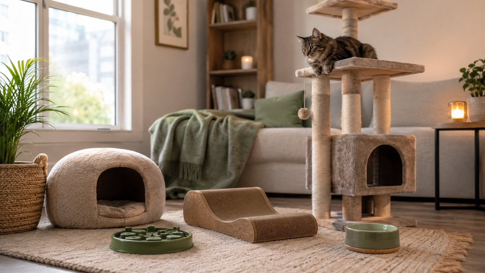 a calm cat-friendly home setup designed to reduce stress, including a tall cat tree