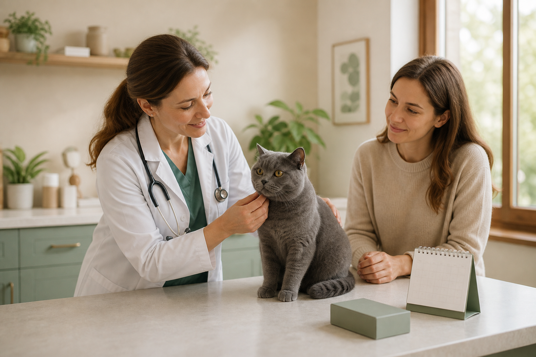 Blue-gray British Shorthair receiving a calm veterinary wellness exam for parasite prevention