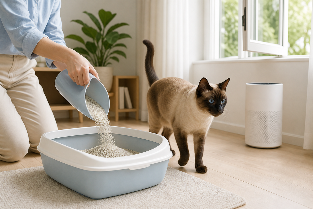 Seal-point Siamese cat beside a clean litter box as low-dust litter is poured
