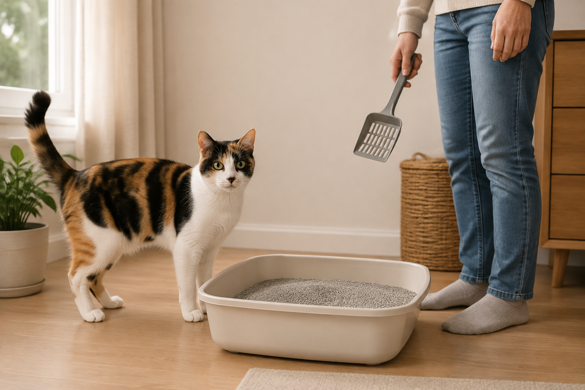 Calico cat beside a clean open litter tray while an owner holds a scoop in a quiet home