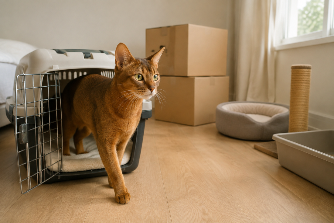 Ruddy Abyssinian cat emerging from an open carrier into a calm room with moving boxes and familiar bedding