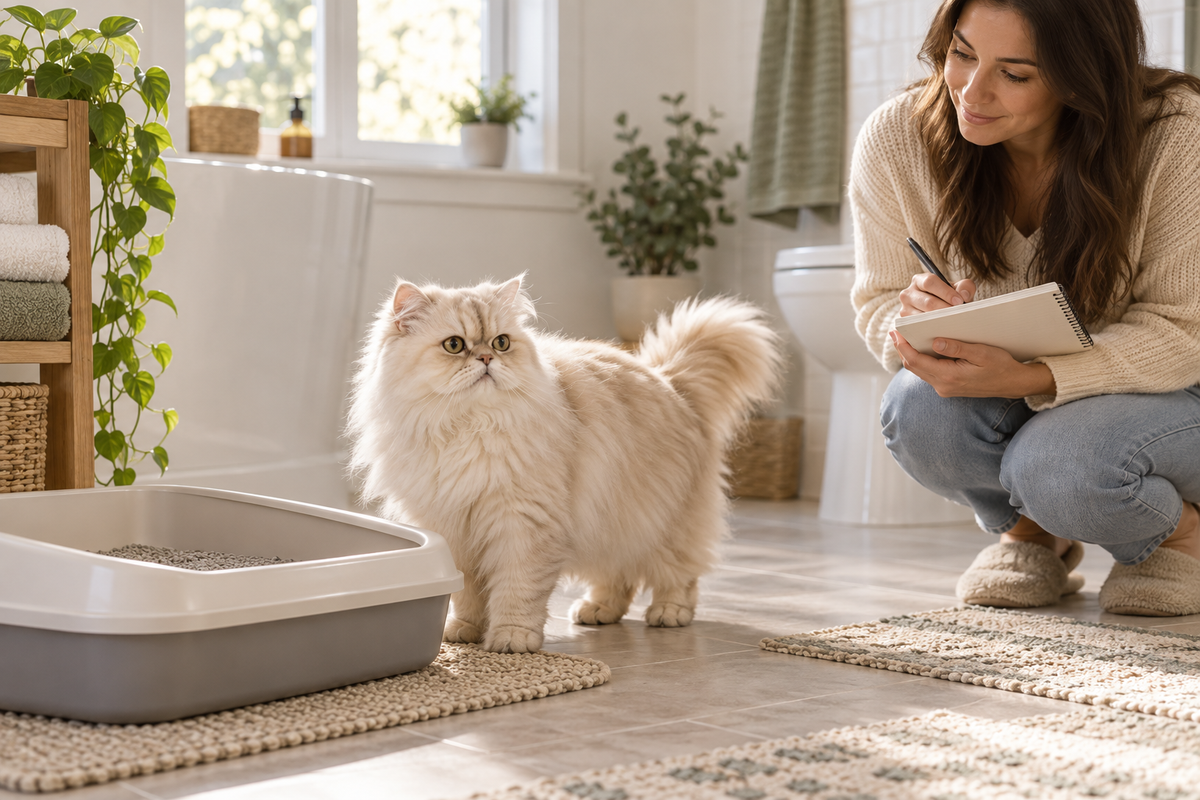 Cream Persian cat beside a clean open litter box while an owner records routine litter-box observations