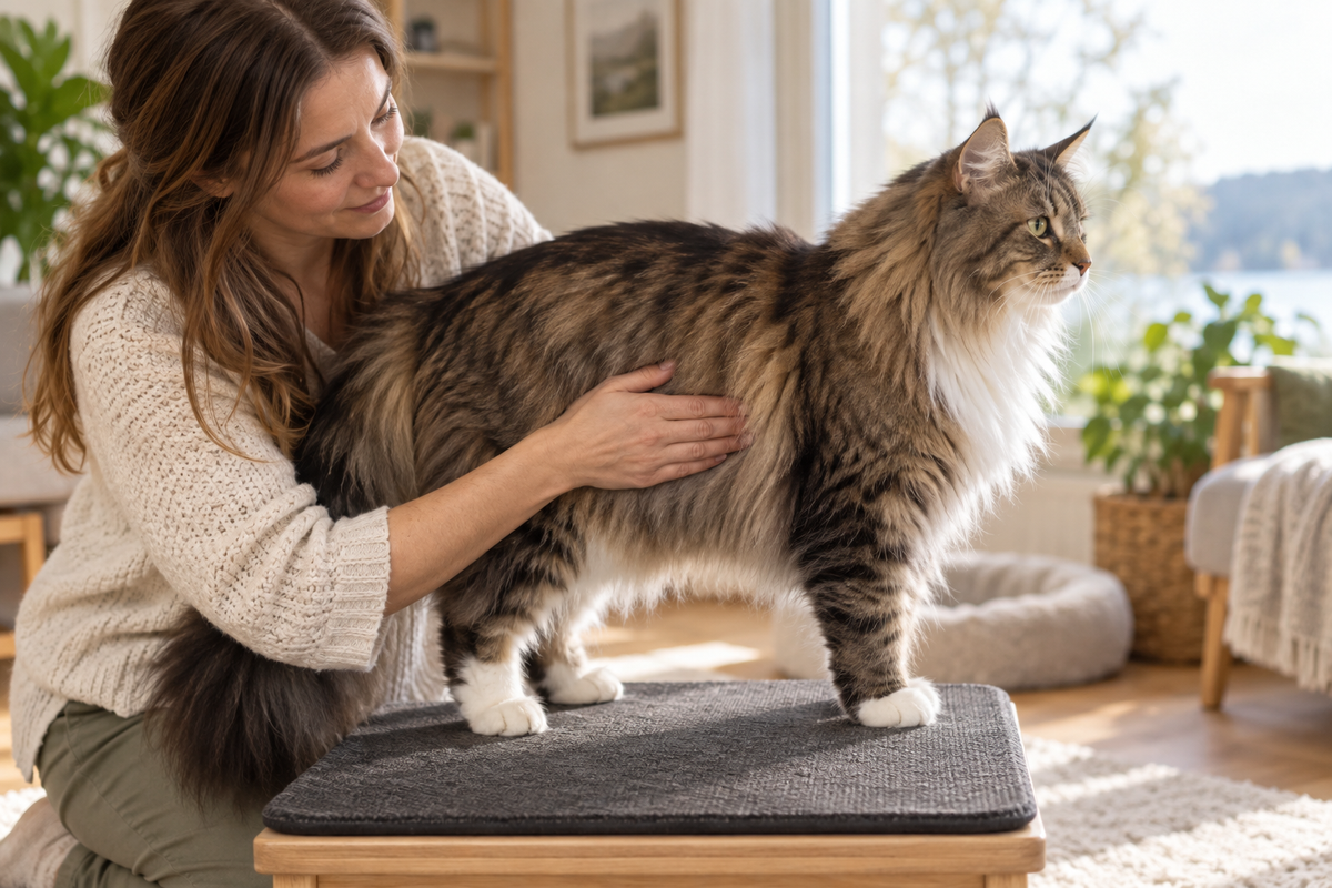 Norwegian Forest Cat receiving a gentle at-home body condition check from its owner