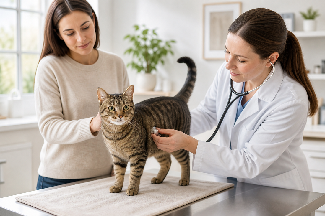 Veterinarian gently examining a relaxed tabby cat during an annual wellness checkup