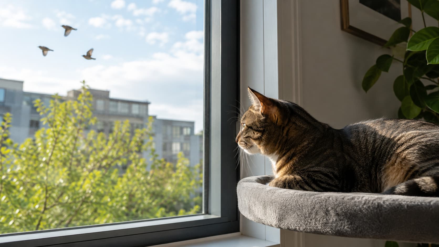 Indoor cat watching wild birds through a window