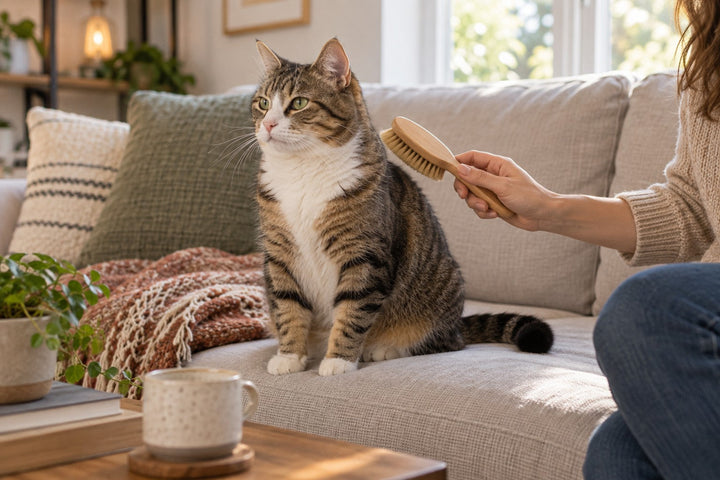 A relaxed cat sits freely on a sofa while a person introduces a grooming brush nearby in a cozy home.