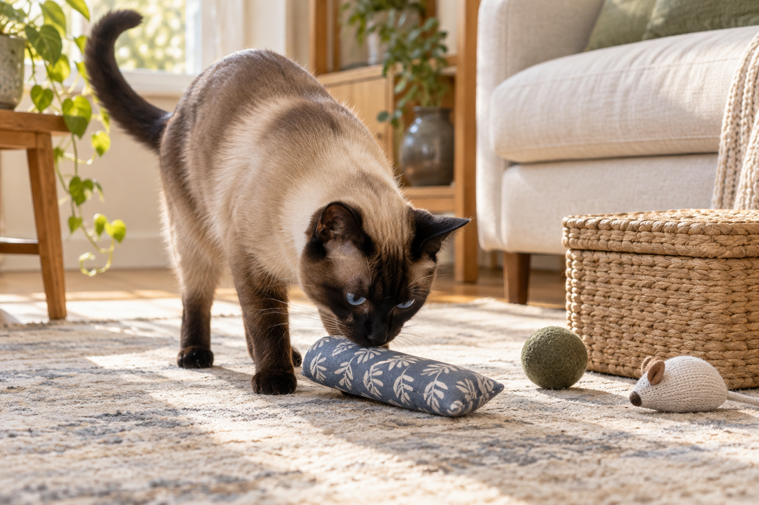 Seal-point Siamese cat investigating a fabric toy beside a closed toy basket