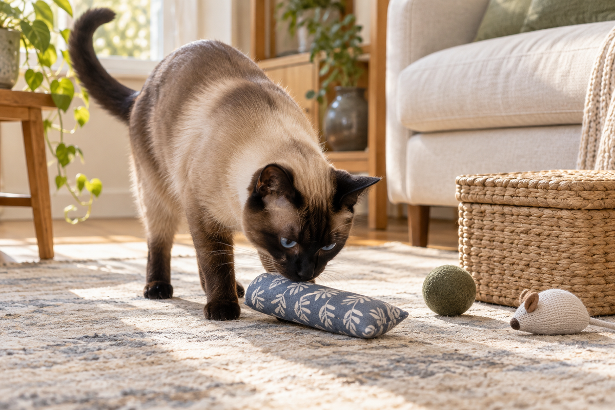 Seal-point Siamese cat investigating a fabric toy beside a closed toy basket