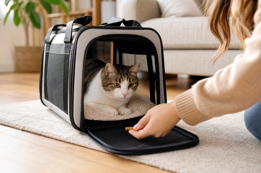 Relaxed cat resting in an open carrier while receiving a treat