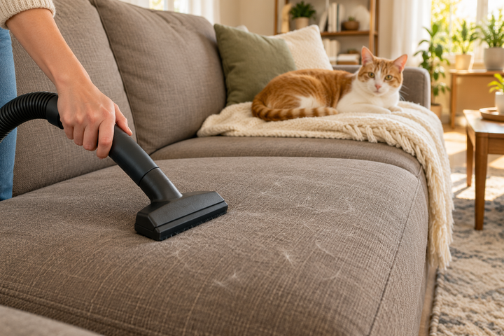 Orange-and-white cat resting on a throw while an upholstery attachment removes loose hair from a separate couch cushion