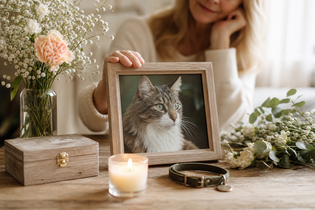 Framed cat photo with collar, memory box, candle, and flowers