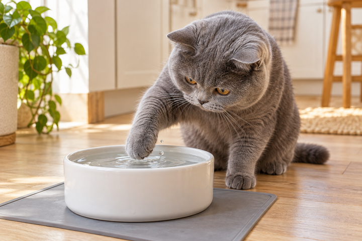 Blue-gray British Shorthair gently touching water in a stable ceramic bowl on a feeding mat