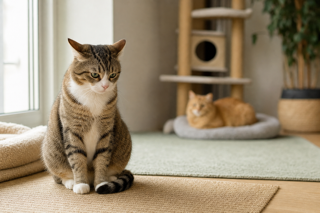 Tense cat resting in a calm multi-cat home with separate spaces