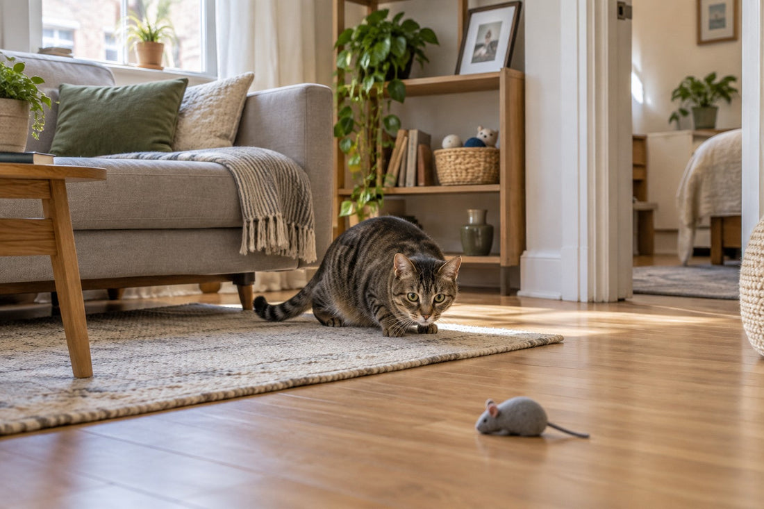 A tabby cat watches a mouse toy in a cozy small apartment living room with clear floor space.