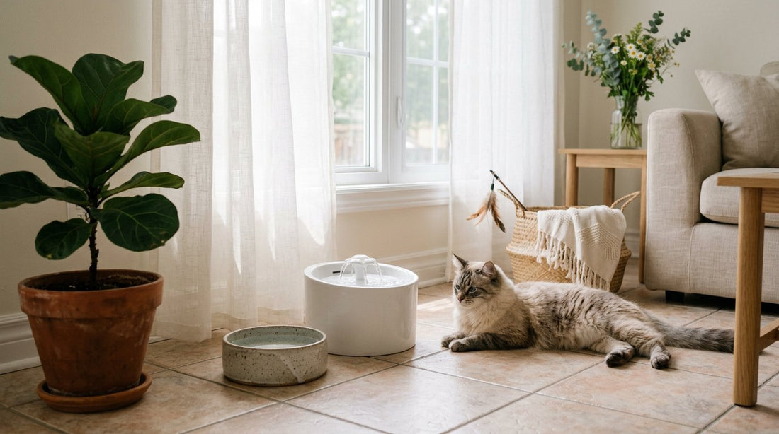 a modern cat water fountain, a ceramic water bowl, and a quiet, airy atmosphere that suggests summer cat care and hydration