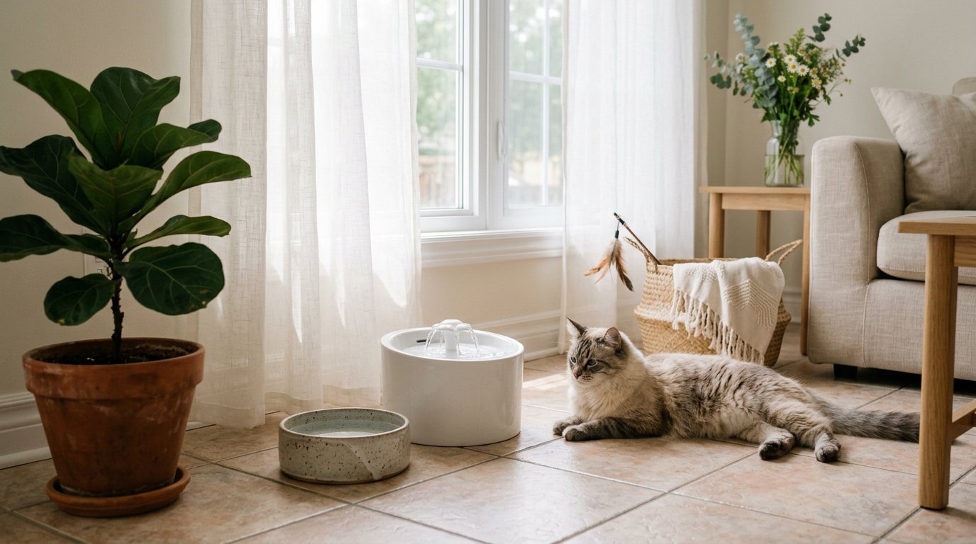 a modern cat water fountain, a ceramic water bowl, and a quiet, airy atmosphere that suggests summer cat care and hydration