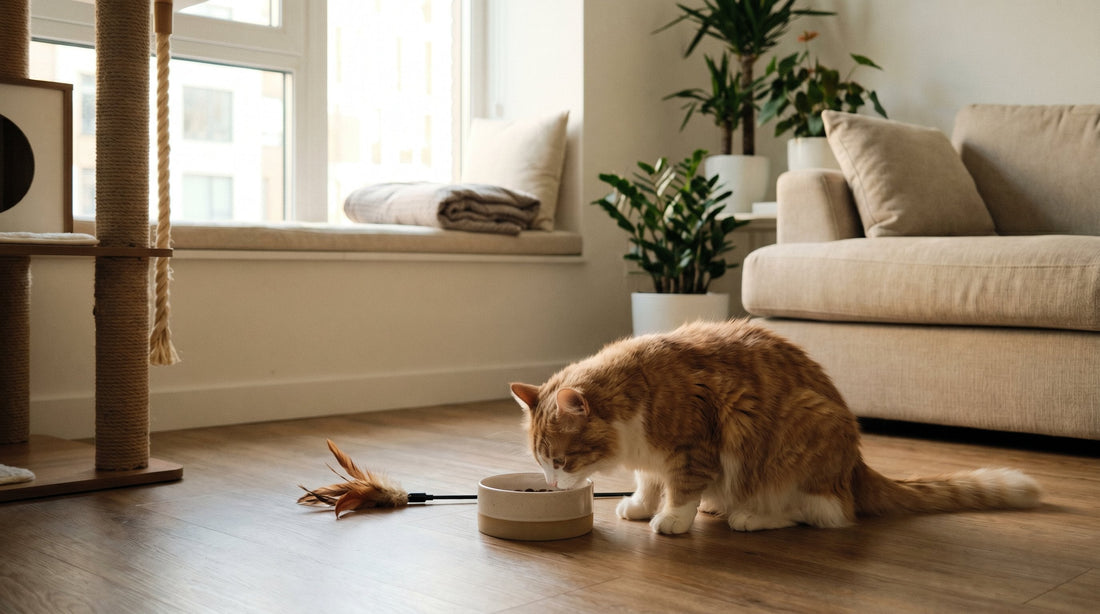 indoor cat following a peaceful daily routine in a cozy modern apartment, morning sunlight