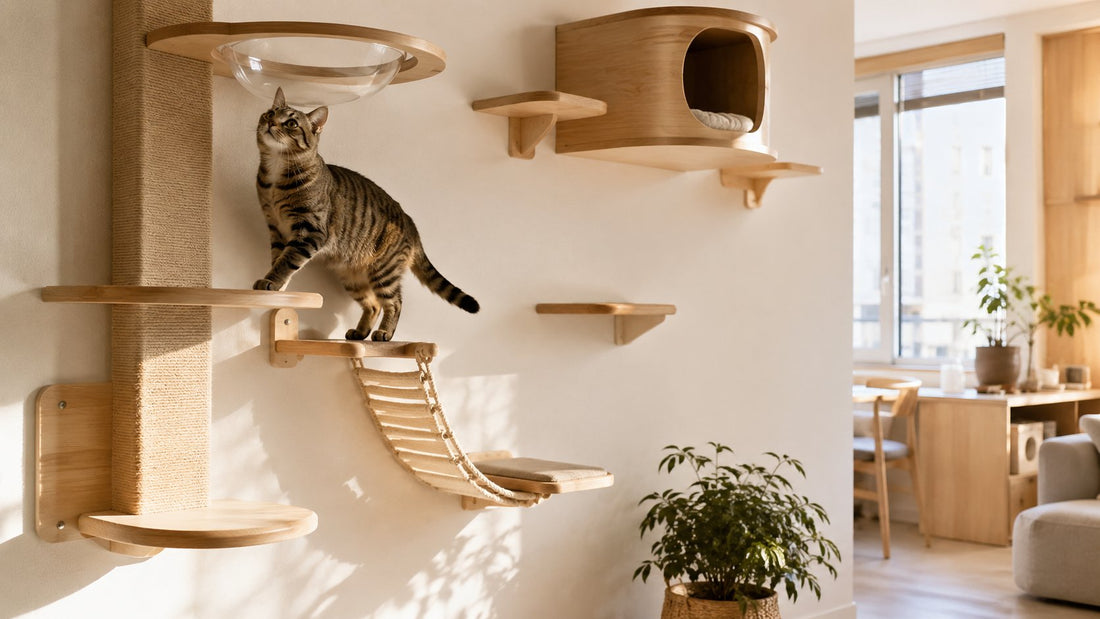 a cat climbing a beautifully designed wall-mounted cat shelf system in a modern small apartment