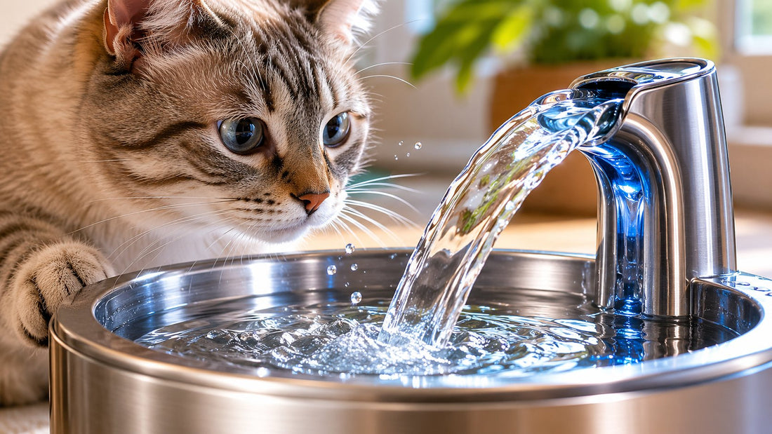fresh water flowing through modern stainless steel cat fountain