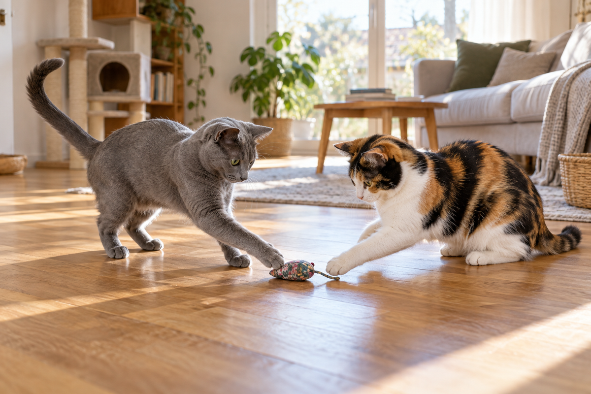 Gray and calico cats taking turns with a toy in a relaxed living room