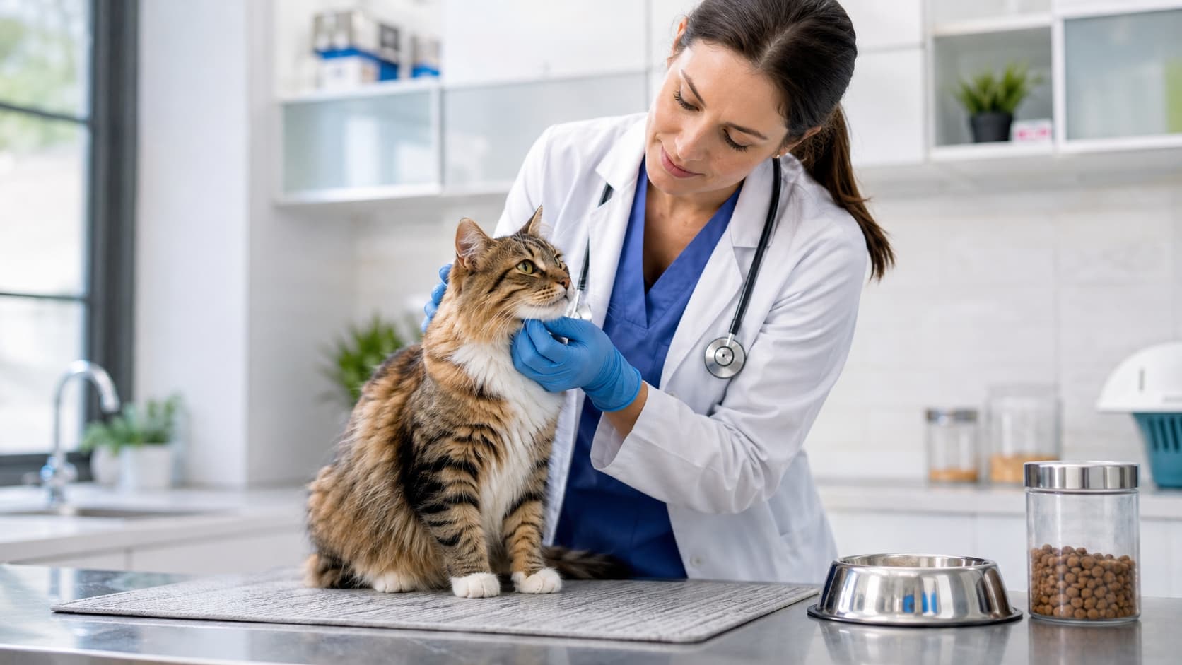 Veterinarian examining a cat during a discussion about raw diets