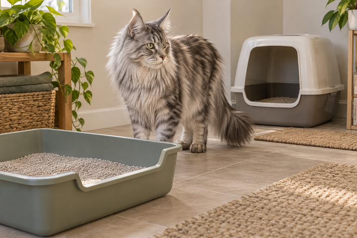 Silver Maine Coon beside a roomy open litter tray and a covered litter box with a clear entrance