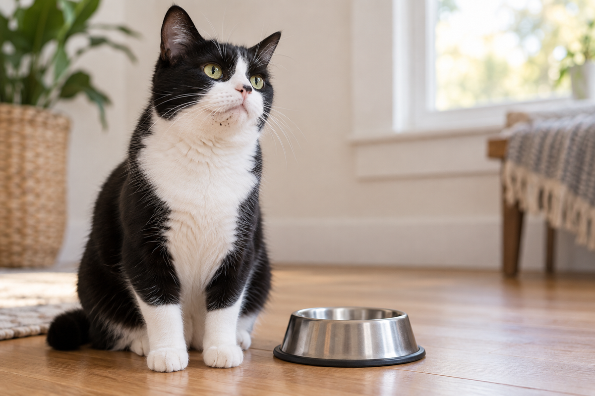 Black-and-white tuxedo cat with subtle chin specks beside a clean stainless-steel bowl