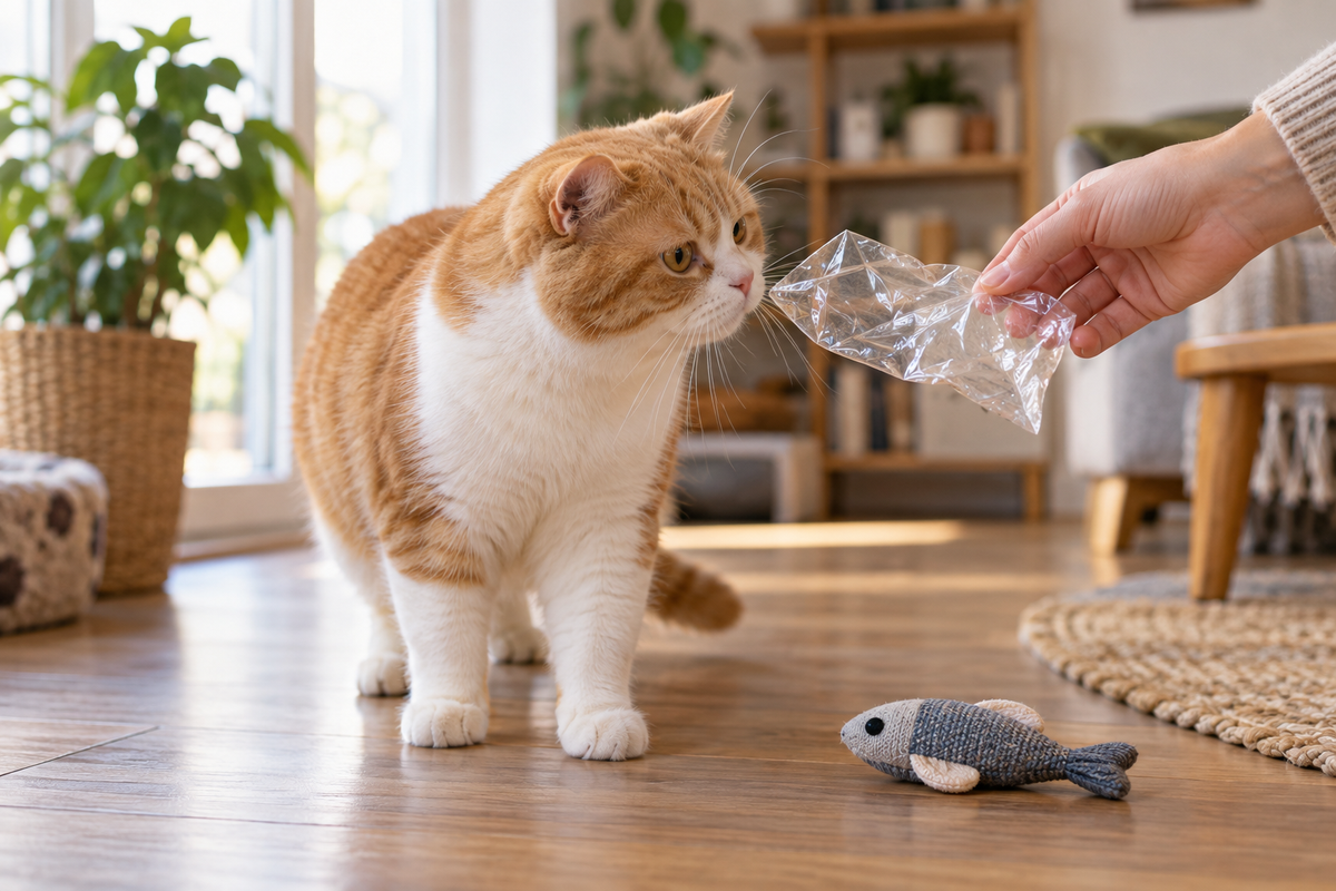 Ginger-and-white cat sniffing plastic packaging held safely away from its mouth
