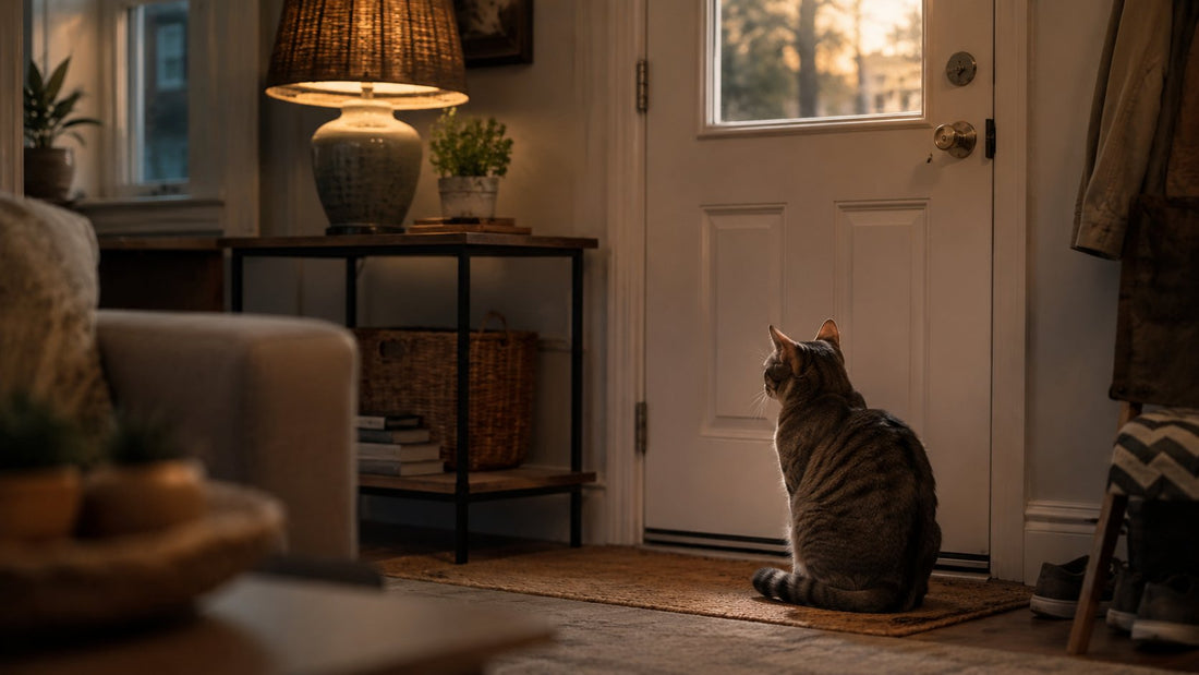 Cat waiting near a doorway for its owner to return