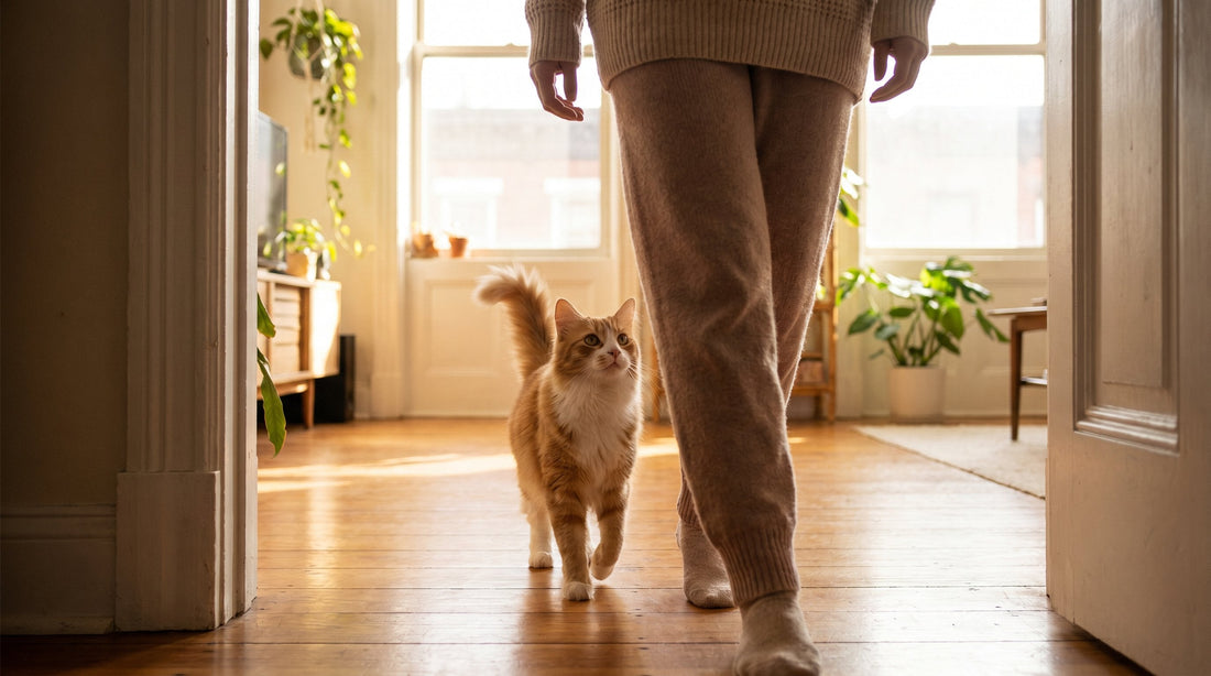 affectionate indoor cat following owner from room to room in a cozy modern apartment