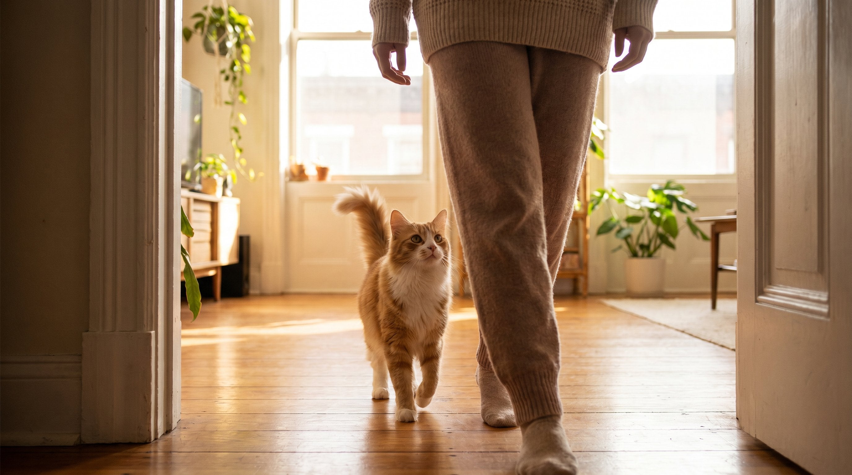 affectionate indoor cat following owner from room to room in a cozy modern apartment