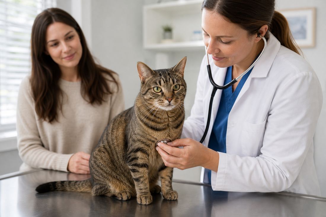 Healthy indoor cat receiving a calm routine veterinary wellness exam
