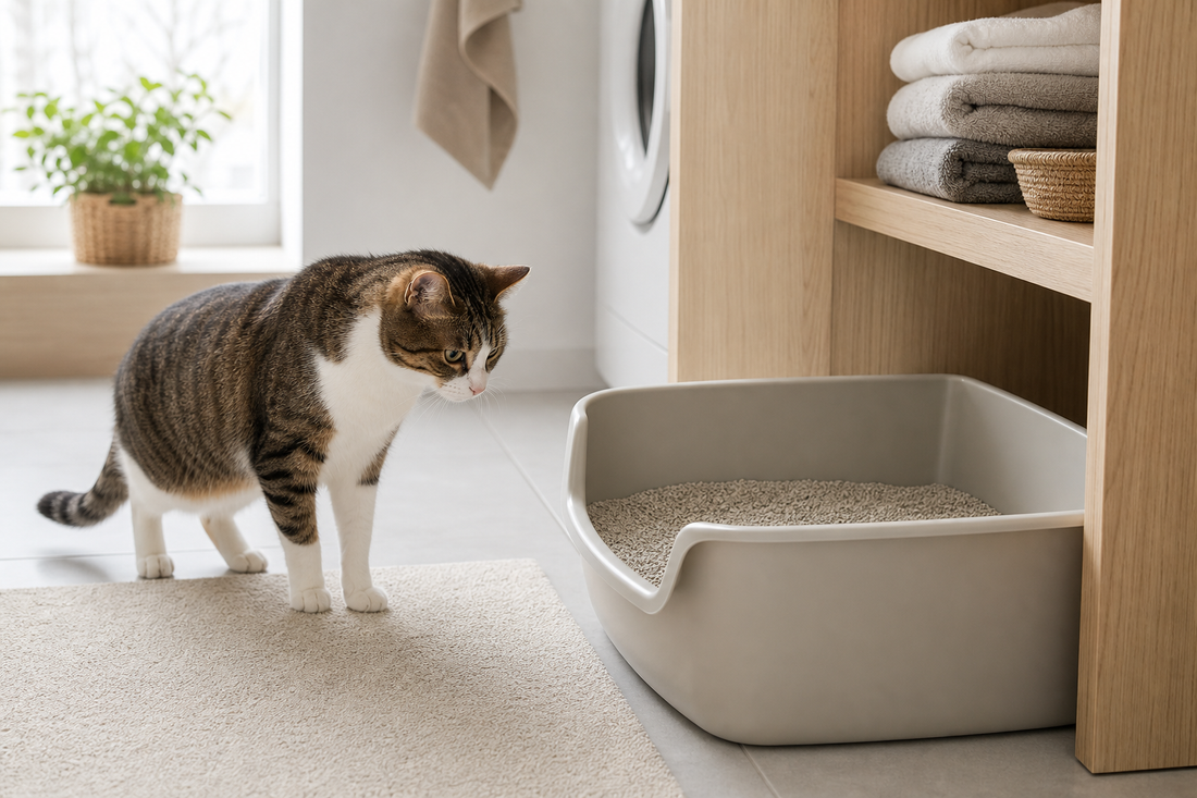Cat hesitating beside a clean open litter box in a quiet room